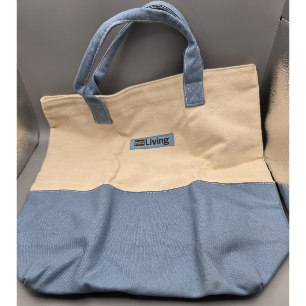 Martha Stewart Living Canvas Tote Bag Blue Cream Shopping Market Carryall - Picture 1 of 8